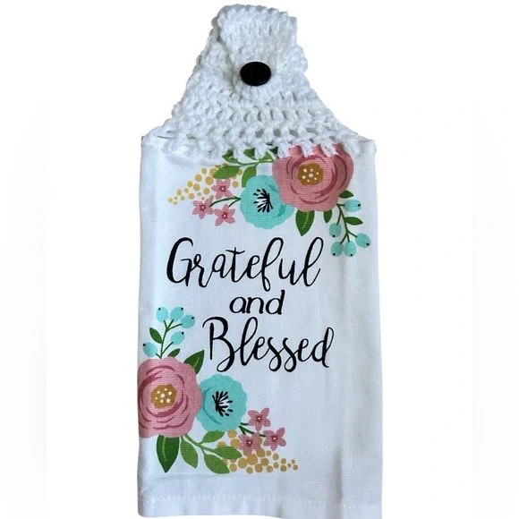 Hand Crafted Floral Hanging Kitchen Hand Towel Colorful Grateful and Blessed - Picture 4 of 8
